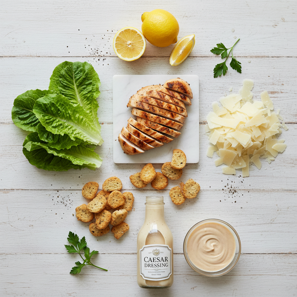 Caesar salad ingredients flat lay