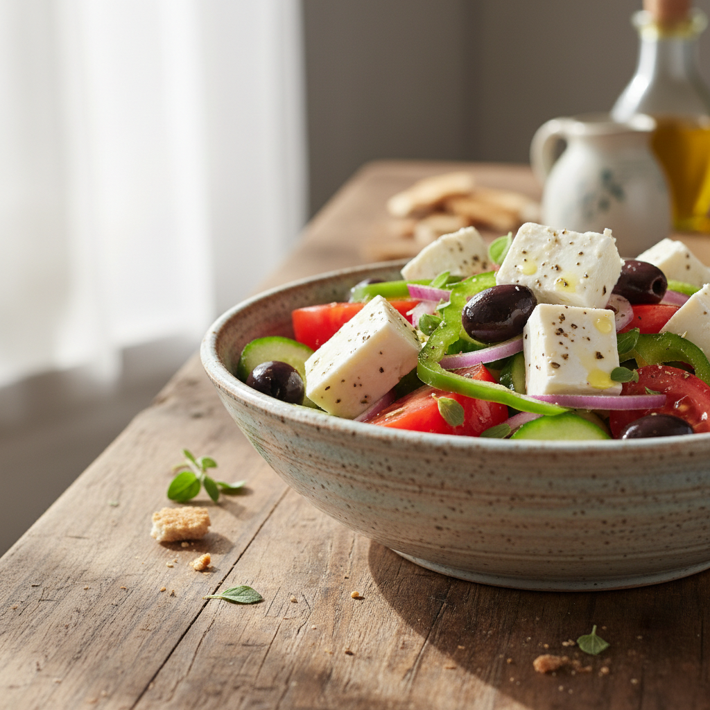 Greek salad side view in ceramic bowl
