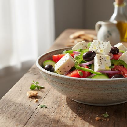 Greek salad side view in ceramic bowl