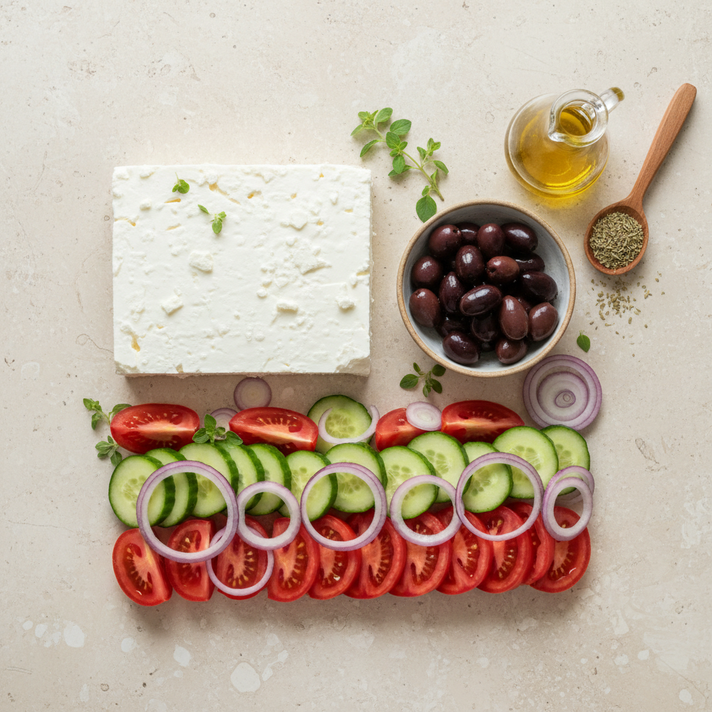 Greek salad ingredients flat lay